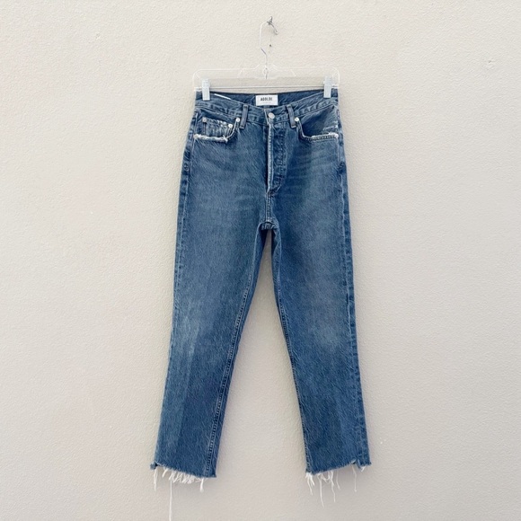 Agolde Riley Jeans 25 Denim Blue High Crop Straight Raw Hem Button Fly Classic - Picture 4 of 12